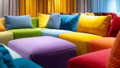 colorful sofa in the living room. a colorful couch. a living room filled with lots of colorful furniture