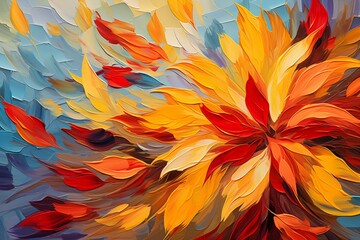 Abstract oil painting featuring a dynamic composition of colorful petals swirling in a gentle breeze, creating a sense of motion and energy