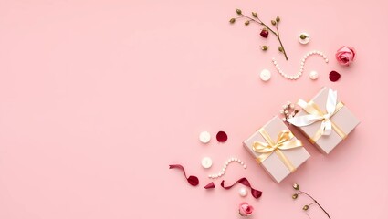 Elegant blush pink background with two small gifts, adorned with gold ribbons, and delicate floral accents.