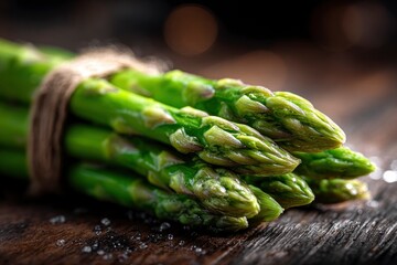Bundled asparagus spears lie on a weathered wooden surface sprinkled with salt tied with twine illuminated by soft light