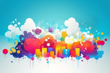 Dynamic cityscape blending vibrant colors and abstract cloud forms