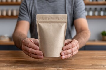 Caucasian male presenting eco-friendly kraft packaging in kitchen setting.
