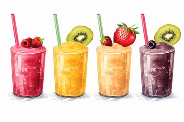 Watercolor painting showcasing a vibrant array of fruit smoothies, each topped with fresh ingredients and presented in glasses with colorful straws