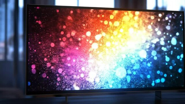 Modern flat-screen TV with vibrant rainbow bokeh display