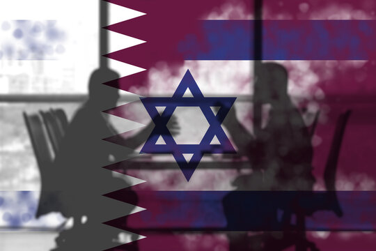 Abstract representation of Israel-Qatar negotiations, merging flags with silhouettes, ideal for themes of diplomacy and Middle East relations