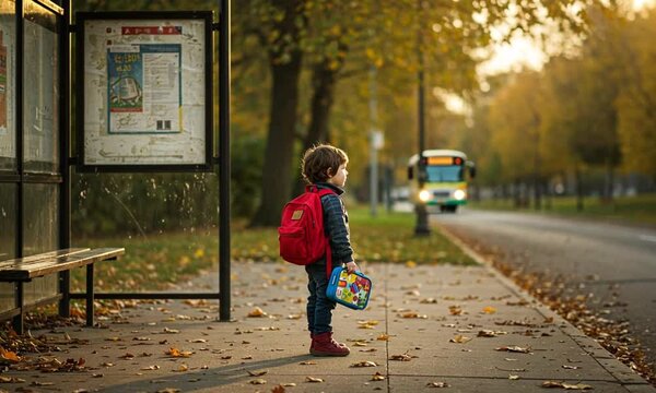 A young child waiting at a bus stop on a fall day