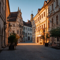 Naklejka premium photo of the old town center on the golden hour of a sunny day without people