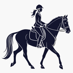 Dark blue silhouette of a woman riding a horse rider white background
