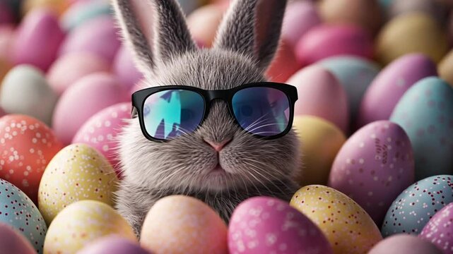 rabbit with eggs on easter day, Cute rabbit and pastel coloured painted Easter eggs, footage, 4k footage, videos, video clip, slow motion, video wallpaper, animation, 4k