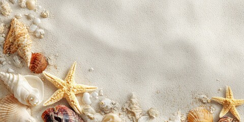 A beautiful arrangement of assorted seashells and starfish artfully scattered on a bed of clean, white sand, creating a serene and natural background ideal for summer and beach-themed designs