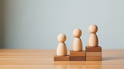 Three wooden figures representing people on ascending podiums signifying growth and success