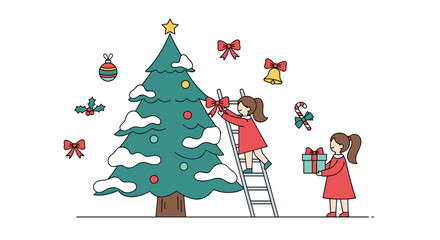 Children decorating a snowy christmas tree with ornaments and presents for the holidays