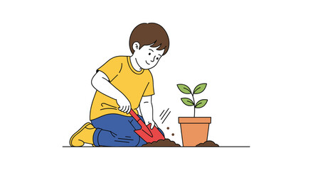 Young boy digging in soil planting a small green plant in a clay pot outdoor activity concept