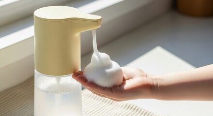 Automatic foam dispenser in sunlit bathroom setting