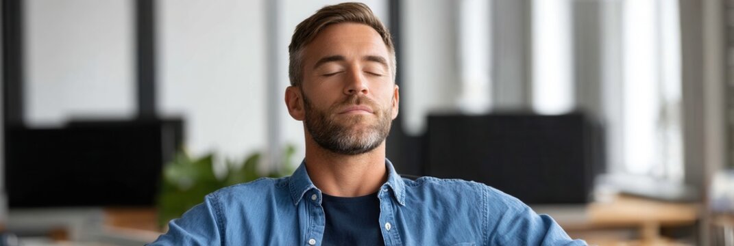 Young caucasian male meditating in office setting, eyes closed and relaxed.