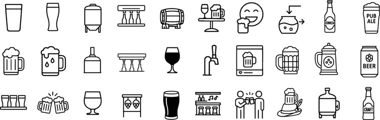 Beer and Brewery Stroke Icon Set - Featuring Pint Glass, Beer Keg, Tap, Bottle, and Brewing Equipment. Editable Outline Icons for Craft Beer, Pub, and Beverage Branding.
