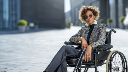 Confident woman in chic outfit sits in wheelchair, exuding style and grace. Urban setting features sleek buildings, sunny day, and contemporary architecture