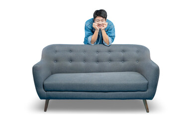 A young man with a cute, winking expression rests his chin on his hands while peeking over an empty...