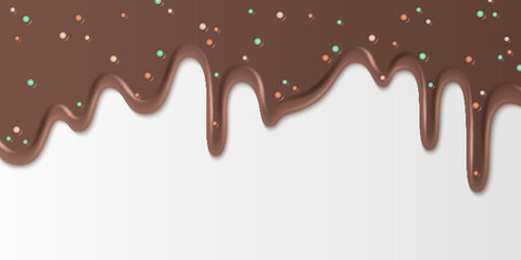 Chocolate ice cream drips with colorful sprinkles - melting brown glaze flows down decorated with candy balls. Sweet dessert topping for birthday cake designs, confectionery packaging or treats.