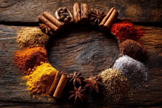 Circle of spices on wood star anise cinnamon powders salt peppercorns form a frame