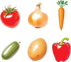 Fresh Vegetable Set – Vector Illustration of Tomato, Onion, Carrot, Zucchini, Potato, and Bell Pepper