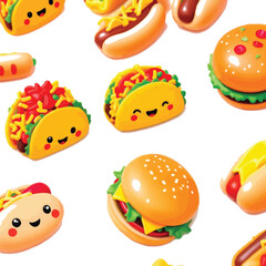 Kawaii Fast Food Characters – Vector Illustration of Smiling Tacos, Hot Dogs, and Hamburgers with Cute Faces