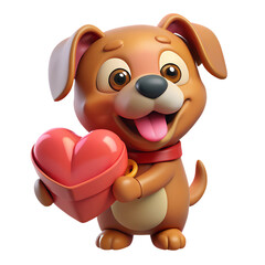 Fototapeta premium A cute puppy holding a red heartshaped gift box isolated on transparent background