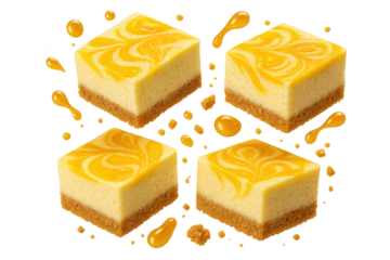 Four delicious mango cheesecake bars isolated on transparent background