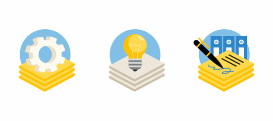 Vector set of documents for work. Signed document. Technical documents. The documents are drafts with ideas for further development. A set of icons in a flat style for design