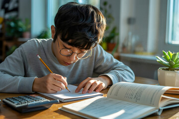 Focused asian student doing homework and taking notes at home