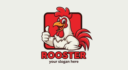 Cheerful Rooster Mascot Giving Thumbs Up, Red Crest and Tail. © Pemburu