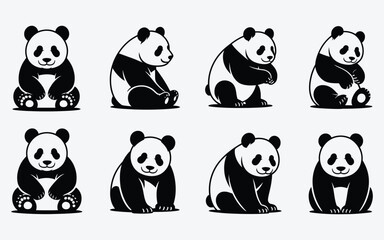 Collection of cute black and white panda bear illustrations in various sitting poses