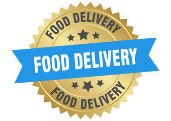 food delivery. food delivery round blue and gold label isolated on transparent background
