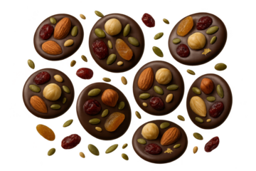 Artisan chocolate mendiants with assorted toppings on a transparent background.