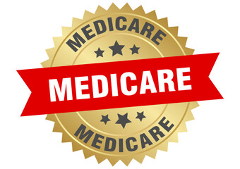 medicare. medicare round red and gold label isolated on transparent background