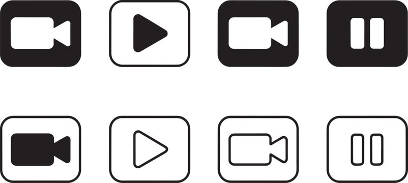 Collection of video and play pause icons in silhouette isolated on white background