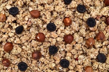 appetizing crispy muesli with chocolate cookies and whole hazelnuts