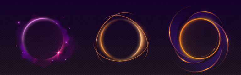 Abstract neon halo rings with light trails - purple glowing circle, golden orbital loops and blue energy spirals on dark background. Luminous frames for futuristic design, motion graphics interfaces.