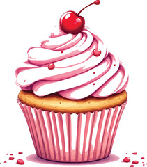 Pink Frosted Cupcake with Cherry – Vector Illustration of Swirled Icing, Sprinkles, and Golden-Brown Base in Pink Liner