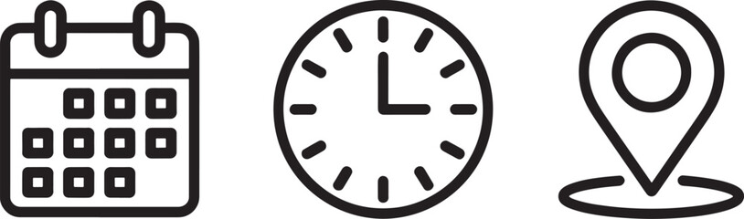 Calendar clock and location icons silhouette isolated on white background