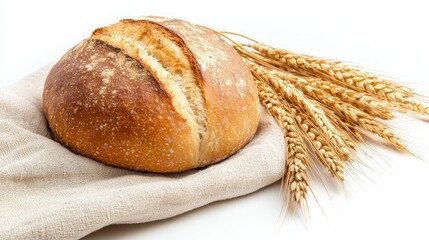 Fresh Bread Loaf with Wheat Bundles on a White Background