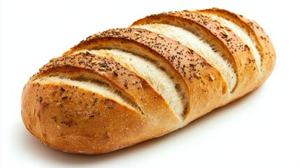 Fresh bread loaf with wheat bundles on the side on a clean white background