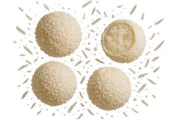 Four delicious white coconut truffles isolated on a transparent background, sweet treat.