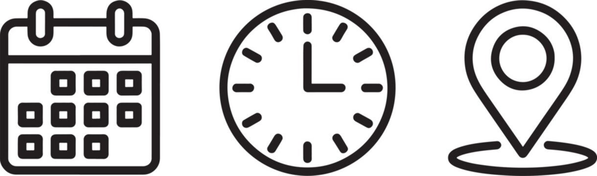 Calendar clock and location icons silhouette isolated on white background
