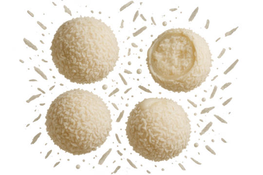 Four delicious white coconut truffles isolated on a transparent background, sweet treat.