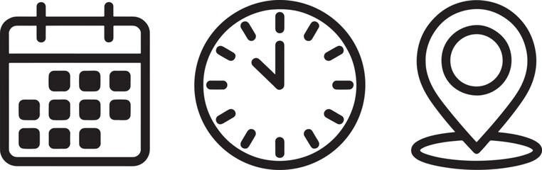 Calendar clock and location pin icons silhouette on white background isolated on white background