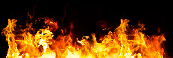 panorama fire flames on black background