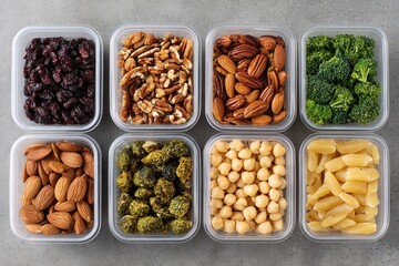 Top view of assorted nuts and vegetables in plastic containers on a gray surface, ideal for healthy eating concepts.