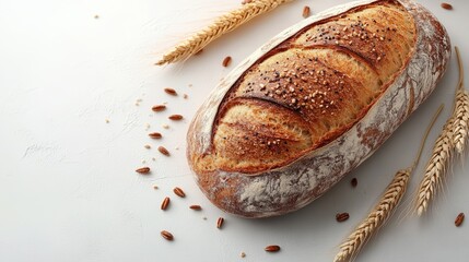 Freshly Baked Bread with Wheat Bundles on a White Background