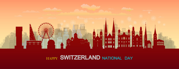 Travel landmarks Switzerland with silhouette architecture background, Switzerland Day anniversary celebration and tour Swiss landmark to Zurich with panorama view popular capital.